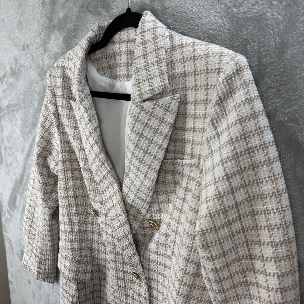 Tweed Double Breasted Blazer Suit Jacket White Brown Longer Length Women's S - Picture 7 of 12
